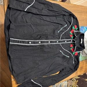 Men's Black Button-Down Shirt with Red Rose Embroidery